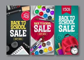 Back to school sale vector poster set. Back to school educational supplies promotion for advertising collection design. Vector illustration