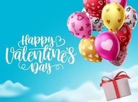 Valentines day balloons flying vector design. Happy valentines day greeting text with colorful balloons and gift flying in blue sky background. Vector Illustration.