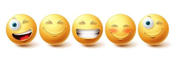 Emoji happy face vector set. Emojis icons and emoticon with funny, happy and winking facial expressions in yellow color isolated in white background. Vector illustration