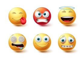 conjunto de vectores de cara emoji. emoticon colección de iconos feliz, hambriento y enojado aislado en fondo blanco para elementos de diseño gráfico. ilustración vectorial