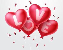 amor globos de corazón para el día de san valentín. manojo de globos de corazón rojo volando con elementos de confeti en fondo blanco. ilustración vectorial.