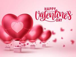 Valentines day heart balloon vector design. Happy valentines day greeting text with heart air balloon elements in blurred background. Vector Illustration.