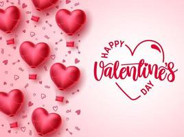 Happy valentines day vector template design. Valentines day greeting text typography in white space with heart air balloon elements in pattern background. Vector Illustration.