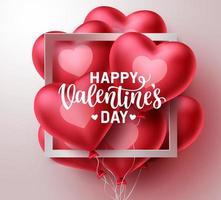 Valentines day vector greeting card design. Happy valentine's day text in white frame with bunch of heart shape balloon elements floating in white background. Vector illustration