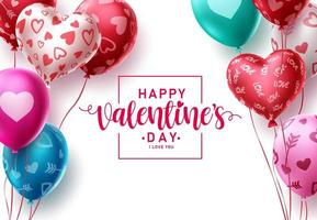Happy valentines day balloon vector template design. Valentine balloons with greeting text and colorful hearts and pattern elements in white space background. Vector illustration.