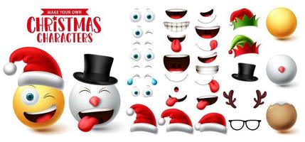 Christmas emoji creation vector set. Emojis face eyes, mouth, hat and head emoticon collection creator character for xmas graphic element design. Vector illustration.