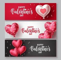 Conjunto de tarjetas de felicitación de banner de vector de feliz día de San Valentín. texto de saludo del día de San Valentín con globos en forma de corazones y elementos de patrones en colores de fondo. ilustración vectorial.