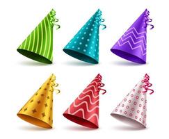 Birthday hat vector set design. Birthday hat 3d realistic elements with patterns for kids party celebrations and event decorations. Vector illustration