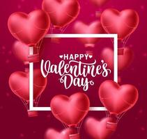 Happy valentines day greeting text vector template. Valentines celebration card with flying heart balloon elements in blurred red background. Vector Illustration.