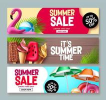 Summer sale vector banner design. Summer promotion flyer set for special promo seasonal discount design. Vector illustration.