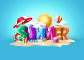 diseño de banner de vector de texto 3d de verano. texto de globo de verano con elementos coloridos de playa como sombrilla, pelota de playa, flotadores y helado en la isla de arena