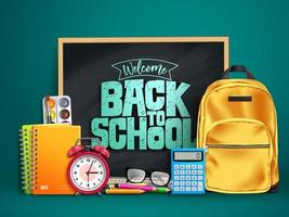 Back to school vector design. Welcome back to school text in chalkboard space with 3d educational supplies like bag, calculator, alarm clock and notebook in green background. Vector illustration