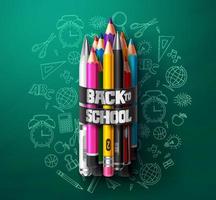 Back to school vector concept design. Back to school text with art supplies in hand drawn background with colorful pencils in green background for educational elements. Vector illustration
