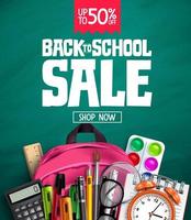 Back to school sale vector banner design. Back to school promotion text with educational supplies for advertisement design. Vector illustration