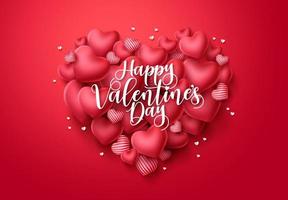 Valentines day hearts vector greeting card. Happy valentines day text with heart shape elements in red background. Vector illustration.