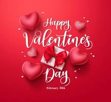 Tarjeta de felicitación de banner de vector de feliz día de San Valentín con elementos de San Valentín como regalo y diseño de corazones en fondo rojo. ilustración vectorial