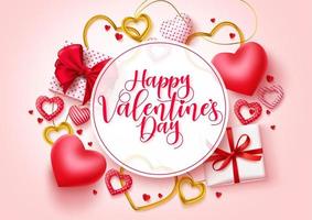 Valentines day vector template background. Happy valentines day greeting typography in white circle space for text  with hearts, gifts, and jewelry elements. Vector Illustration