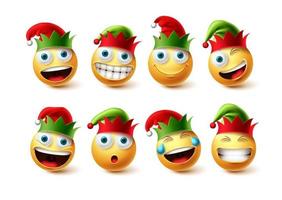 Christmas elfs emoji vector set. Emojis wearing elf hat icon collection isolated in white background for xmas character design elements. Vector illustration.