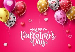 Diseño de fondo de vector de feliz día de San Valentín. Globos de San Valentín con patrones de corazón de colores y texto de saludo para celebración de cumpleaños y vacaciones. ilustración vectorial.