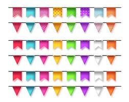 Birthday party pennant vector set design. Party streamers 3d realistic elements with patterns for kids party celebrations and event decorations. Vector illustration