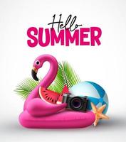 Hello summer vector concept design. Flamingo pink floater and summer beach elements in white background for holiday vacation. Vector illustration.