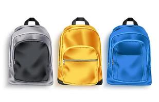 conjunto de vector de bolso de escuela. mochila escolar y equipaje colección 3d en color gris, amarillo y azul para elementos educativos o de viaje aislados en fondo blanco. ilustración vectorial