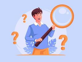 Man holding giant magnifying glass or loupe search engine concept vector