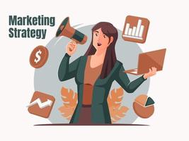 Mujer usando laptop y megáfono concepto de estrategia de marketing vector