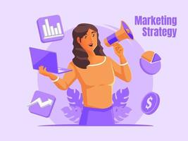 Woman using laptop and megaphone Marketing strategy concept vector