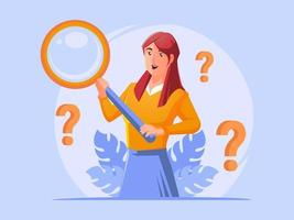 Woman holding giant magnifying glass or loupe search engine concept vector