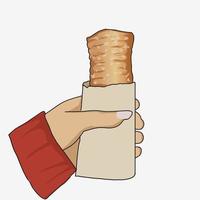 Woman hand holding snack bread in wrap, vector illustration.