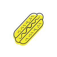 Hot dog icon. Bun with fried sausage, isolated on white background. Vector contour fast food sign in line art style. Fast food logo. Hotdog template.