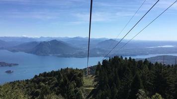Panoramic view of Maggiore Lake from an aerial cableway. Stresa, Italy