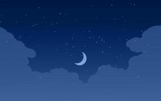 Fondo de cielo azul nocturno con nubes, luna y estrellas. vector