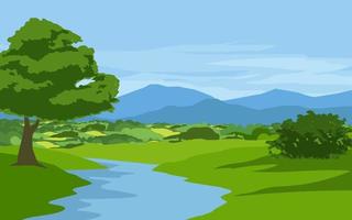 paisaje rural con paisaje de río y montaña. vector