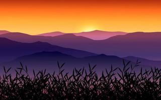 montaña cubierta de hierba al amanecer, ilustración de montaña brumosa vector