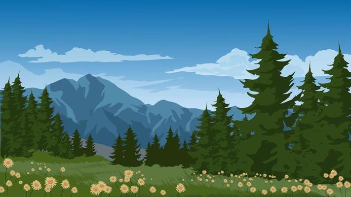 Peaceful mountain forest with meadow and flower