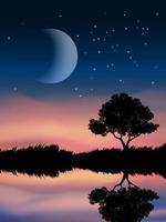 Beautiful evening view with tree, lake and moon vector