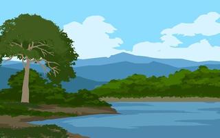 Beautiful rural forest with river and mountain vector