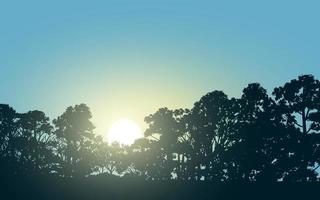 Sunrise in forest with tree silhouette. Forest sunrise background vector