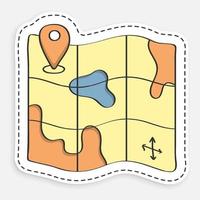 cartoon icon of doodle map with checkpoint mark. Navigation on paper map using GPS system. Vector isolated on white background