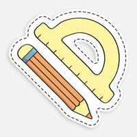 cartoon icon of doodle Pencil and school protractor, ruler for sketching in geometry lessons. Vector isolated on white background