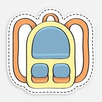 cartoon icon of doodle school backpack sticker in dotted stroke. September 1, beginning of school year. Student Accessories. Vector isolated on white background