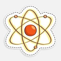 cartoon icon of doodle Atom. Electrons revolve around proton in orbits. School education in physics. Nuclear power. Vector isolated on white background