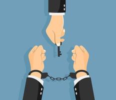 Break free or freedom concept. Man hand with key unlocking handcuffs. Unlocking Handcuffs. End of arrest. vector illustration