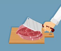 Meat steak chopped on wooden board with kitchen knife. vector