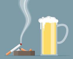 Glass of beer with cigarette and ashtray. vector
