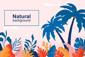 background with green leaves and square frame on trendy geometric backdrop. Vector illustration. Fresh template design for posters, flyers, brochures or vouchers.