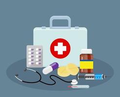 First aid kit box with medical equipment and medications for emergency. vector