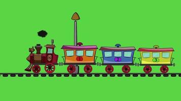 la locomotive conduit et traîne trois voitures pour les passagers. wagons de différentes couleurs. animation en boucle. aucun peuple, horizontal